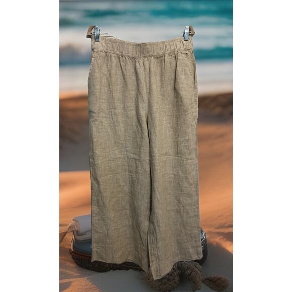 Tahari 100% Linen High Rise Wide Leg Cropped Pants EUC Sz L Nautical Beachy Boho - Picture 2 of 11